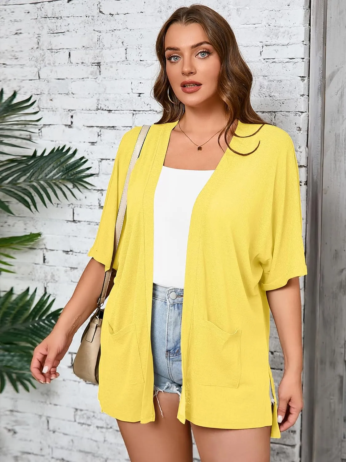 AusLook Plus Size Women's Knit Short Sleeve Lightweight Open Front Cardigans Shrugs Shawls and Wraps Jacket Coat with Pockets