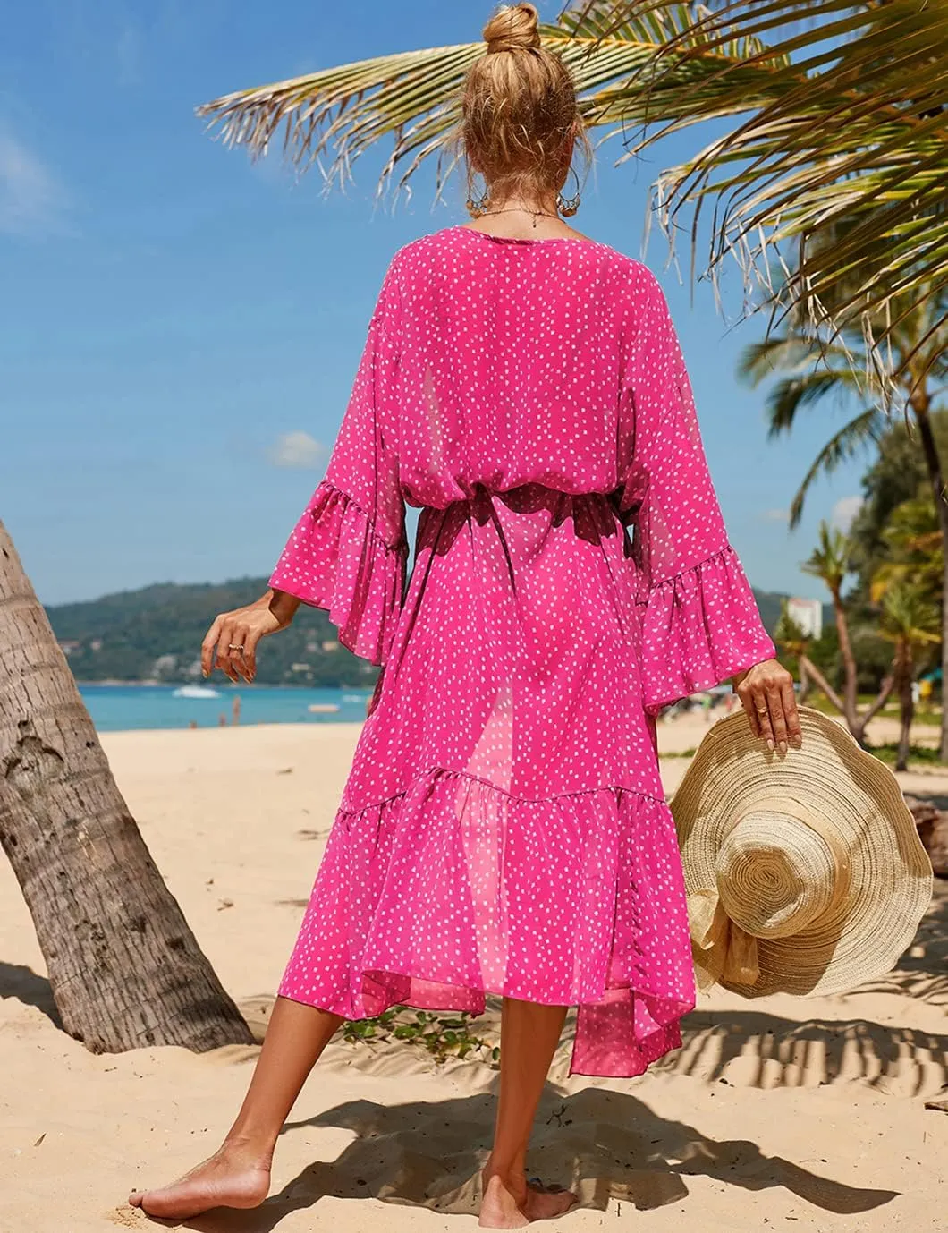 Beach Kimono Cardigans for Women Open Front Swimsuit Cover Up Graphic Print Bathing Suit