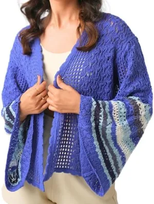 Bell Sleeve Crochet Cardigan for Women Blue | Lightweight Pointelle Knit Open Front Summer Cardigans | Large Size