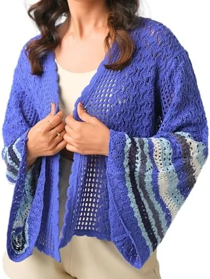 Bell Sleeve Crochet Cardigan for Women Blue | Lightweight Pointelle Knit Open Front Summer Cardigans | Large Size