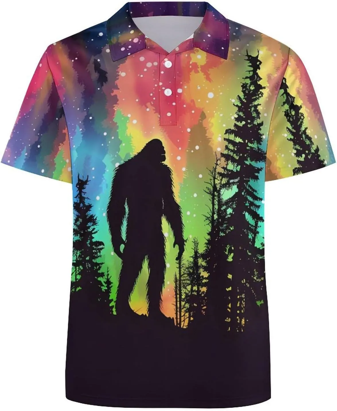 Bigfoot Silhouette Rainbow Aurora Mens Polo Shirts Quick Dry Short Sleeve T-shirts Slim Tennis Collared Tees Tops