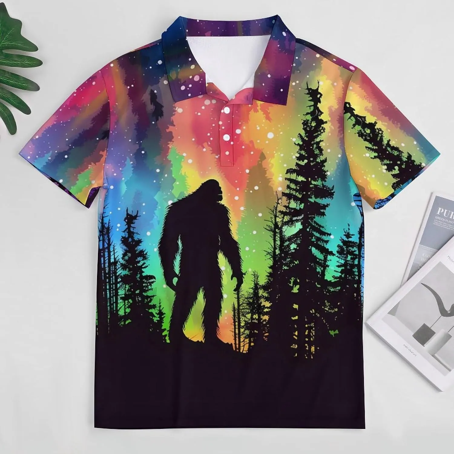 Bigfoot Silhouette Rainbow Aurora Mens Polo Shirts Quick Dry Short Sleeve T-shirts Slim Tennis Collared Tees Tops