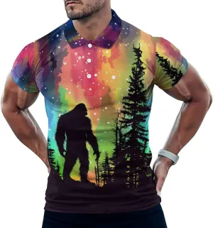 Bigfoot Silhouette Rainbow Aurora Mens Polo Shirts Quick Dry Short Sleeve T-shirts Slim Tennis Collared Tees Tops
