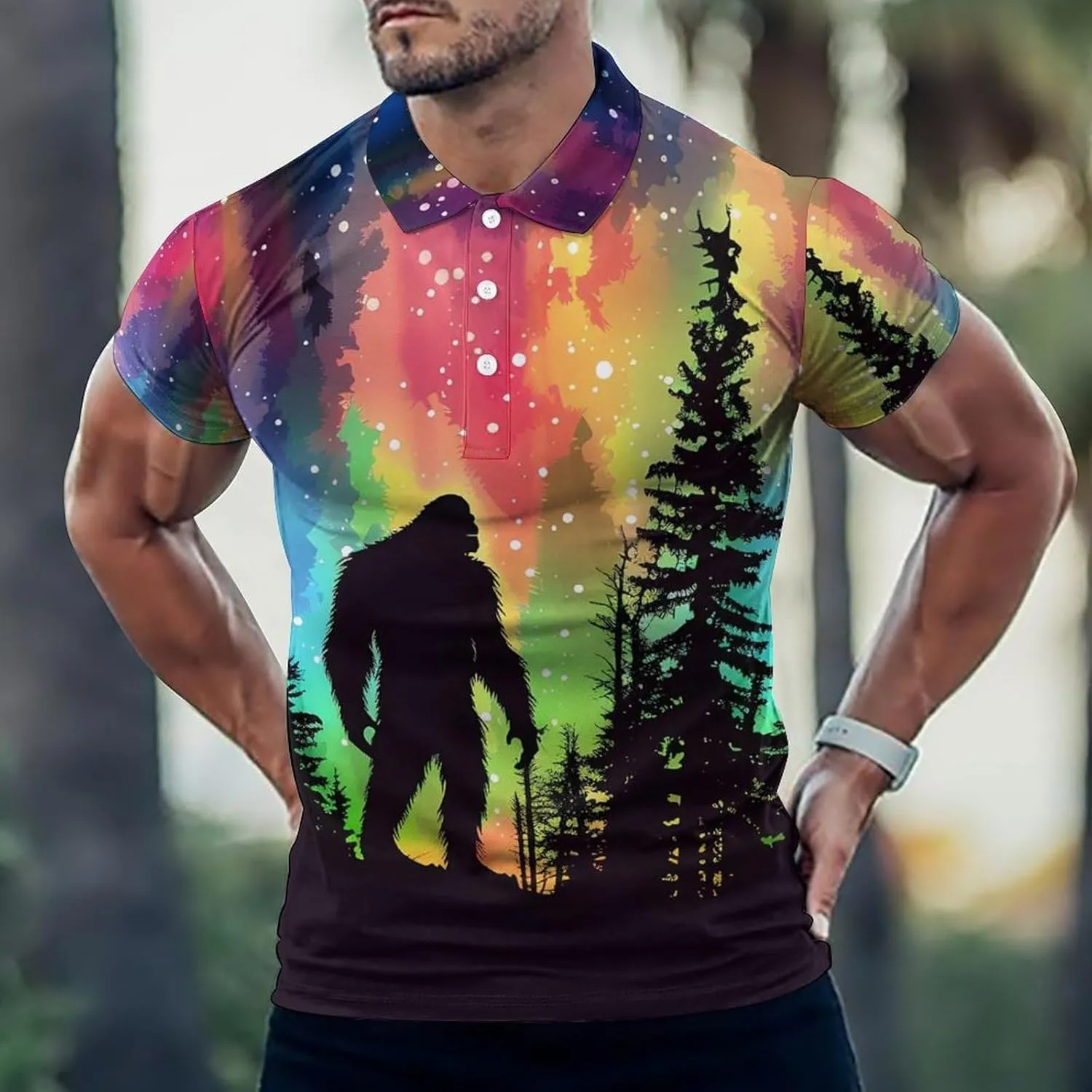 Bigfoot Silhouette Rainbow Aurora Mens Polo Shirts Quick Dry Short Sleeve T-shirts Slim Tennis Collared Tees Tops