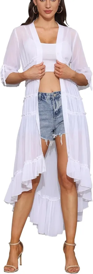 Bluewolfsea Womens Lightweight Summer Cardigan Long Sheer Cover Up Flowy Ruffle Button Down Maxi Dress