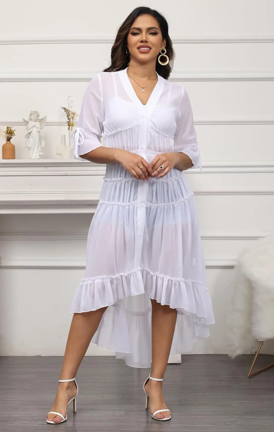 Bluewolfsea Womens Lightweight Summer Cardigan Long Sheer Cover Up Flowy Ruffle Button Down Maxi Dress