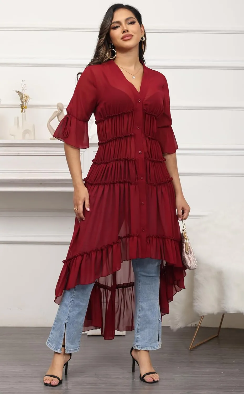Bluewolfsea Womens Lightweight Summer Cardigan Long Sheer Cover Up Flowy Ruffle Button Down Maxi Dress