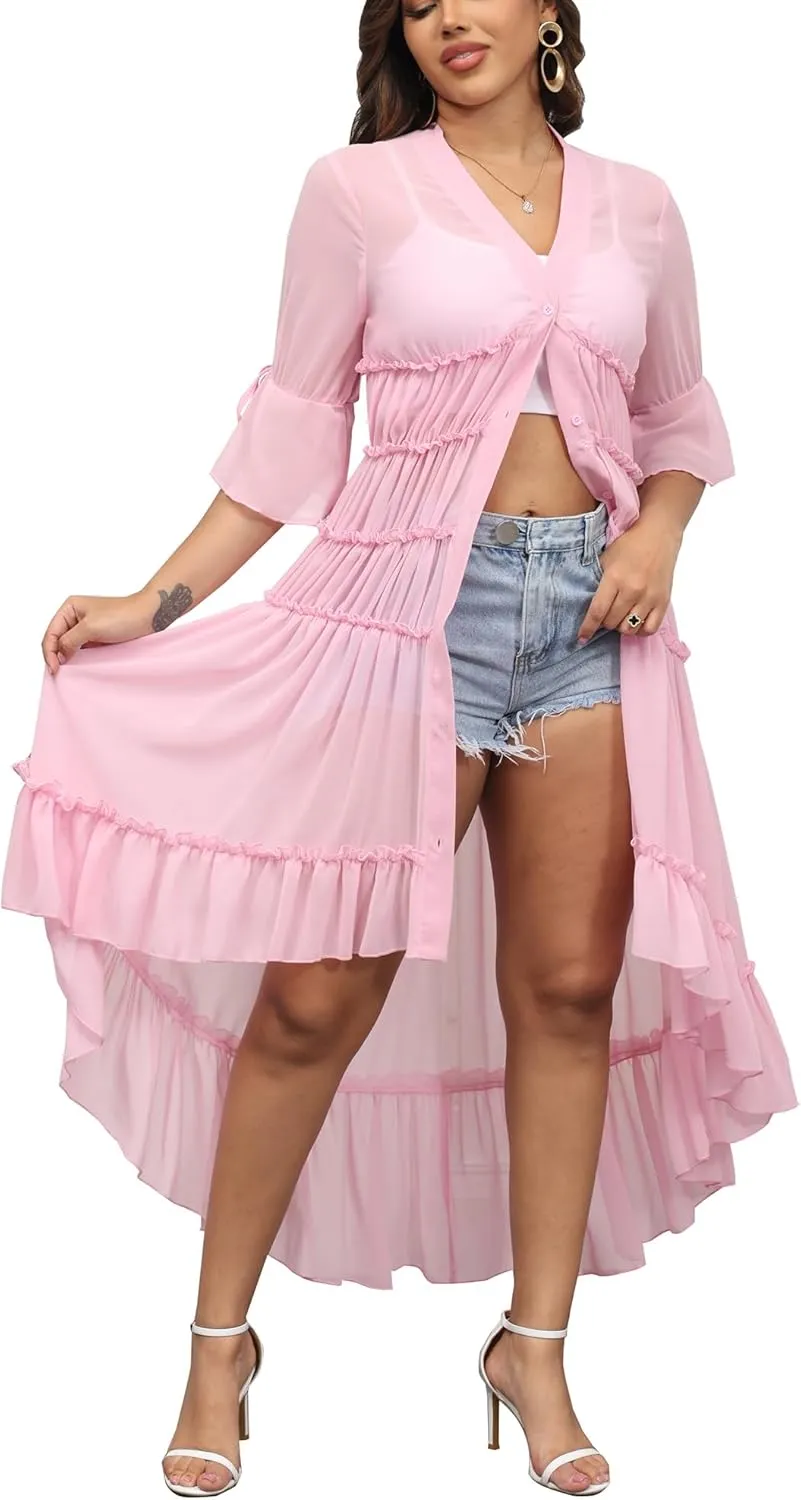 Bluewolfsea Womens Lightweight Summer Cardigan Long Sheer Cover Up Flowy Ruffle Button Down Maxi Dress