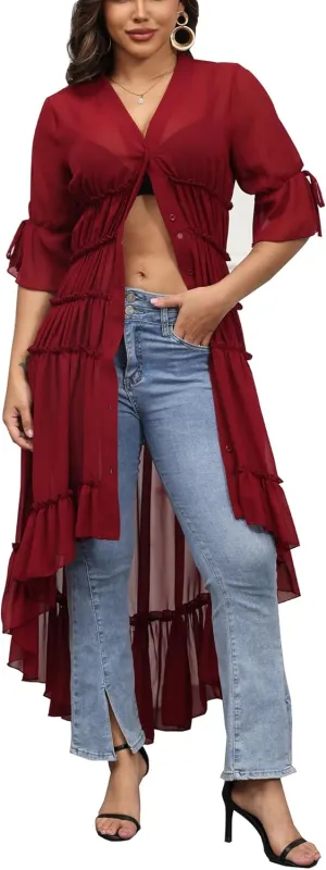 Bluewolfsea Womens Lightweight Summer Cardigan Long Sheer Cover Up Flowy Ruffle Button Down Maxi Dress
