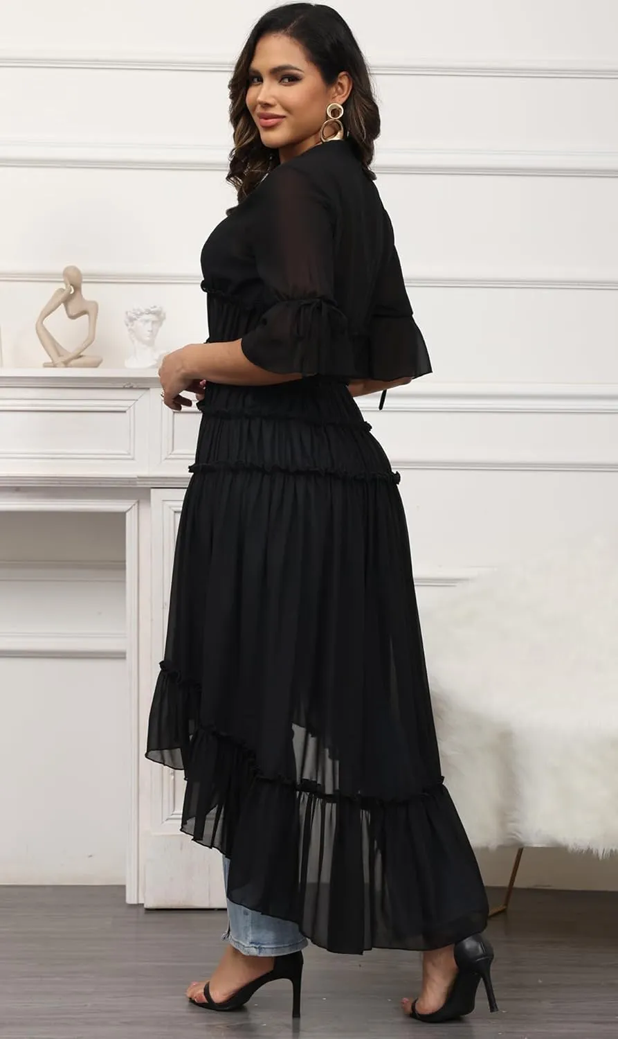 Bluewolfsea Womens Lightweight Summer Cardigan Long Sheer Cover Up Flowy Ruffle Button Down Maxi Dress