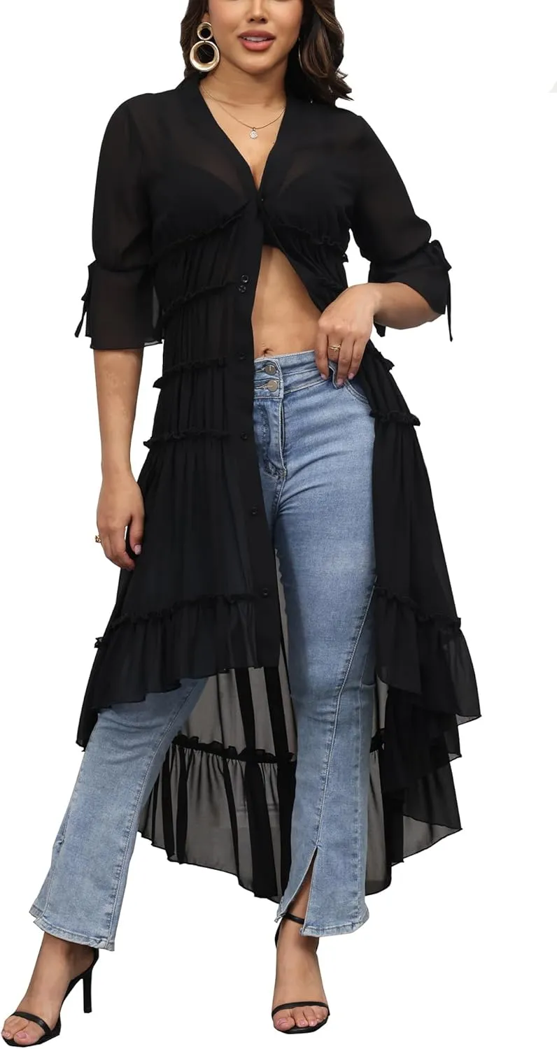 Bluewolfsea Womens Lightweight Summer Cardigan Long Sheer Cover Up Flowy Ruffle Button Down Maxi Dress
