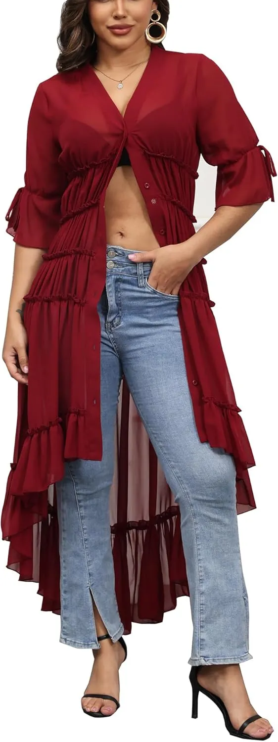 Bluewolfsea Womens Lightweight Summer Cardigan Long Sheer Cover Up Flowy Ruffle Button Down Maxi Dress