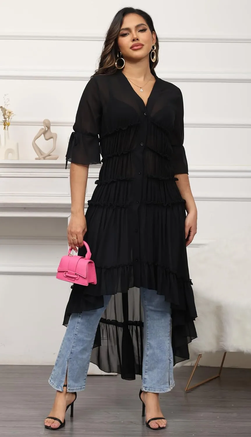 Bluewolfsea Womens Lightweight Summer Cardigan Long Sheer Cover Up Flowy Ruffle Button Down Maxi Dress