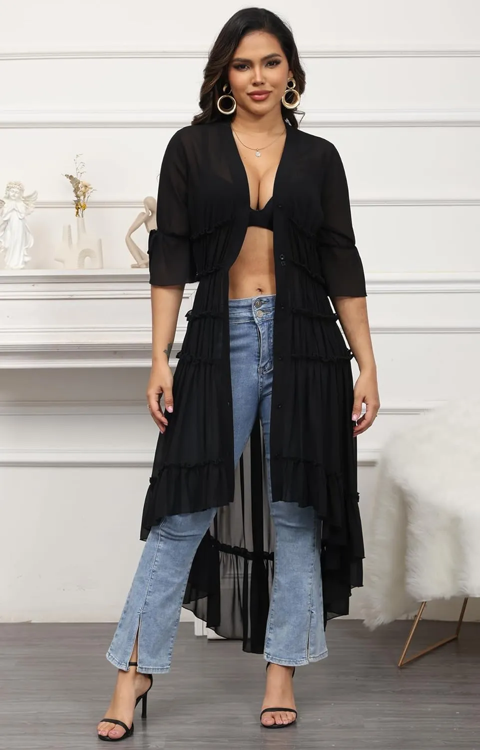 Bluewolfsea Womens Lightweight Summer Cardigan Long Sheer Cover Up Flowy Ruffle Button Down Maxi Dress