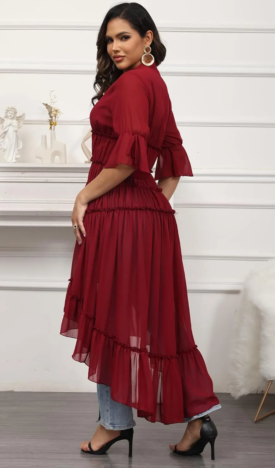 Bluewolfsea Womens Lightweight Summer Cardigan Long Sheer Cover Up Flowy Ruffle Button Down Maxi Dress