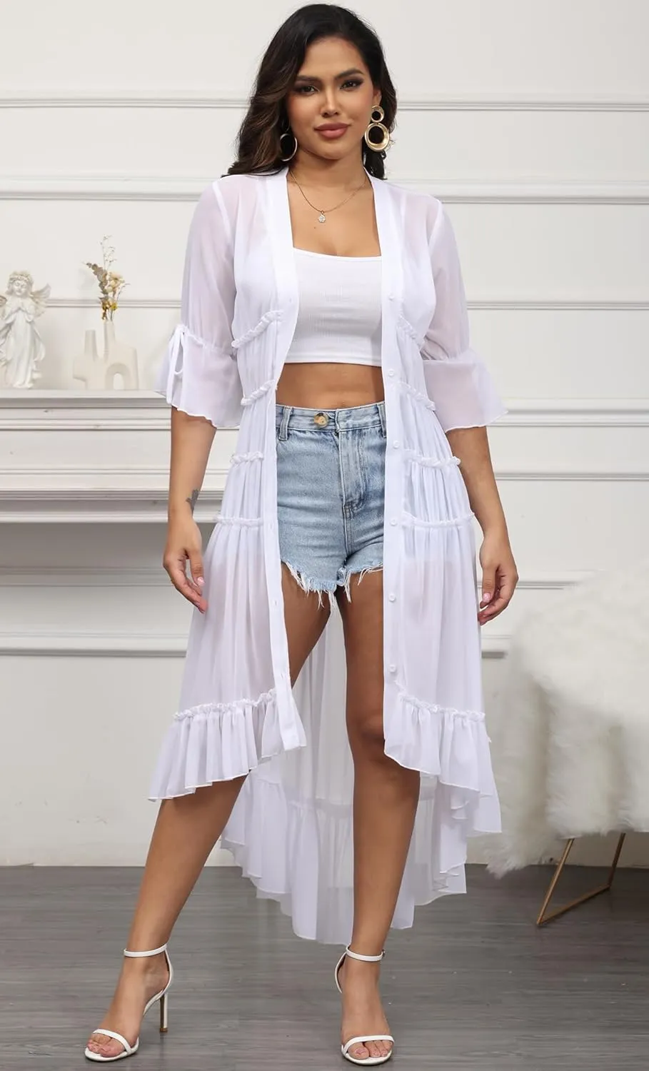 Bluewolfsea Womens Lightweight Summer Cardigan Long Sheer Cover Up Flowy Ruffle Button Down Maxi Dress
