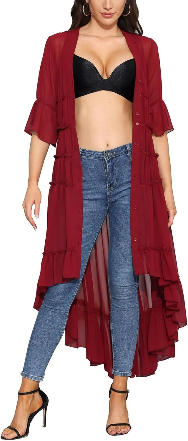 Bluewolfsea Womens Lightweight Summer Cardigan Long Sheer Cover Up Flowy Ruffle Button Down Maxi Dress