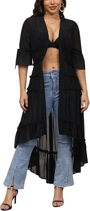 Bluewolfsea Womens Lightweight Summer Cardigan Long Sheer Cover Up Flowy Ruffle Button Down Maxi Dress