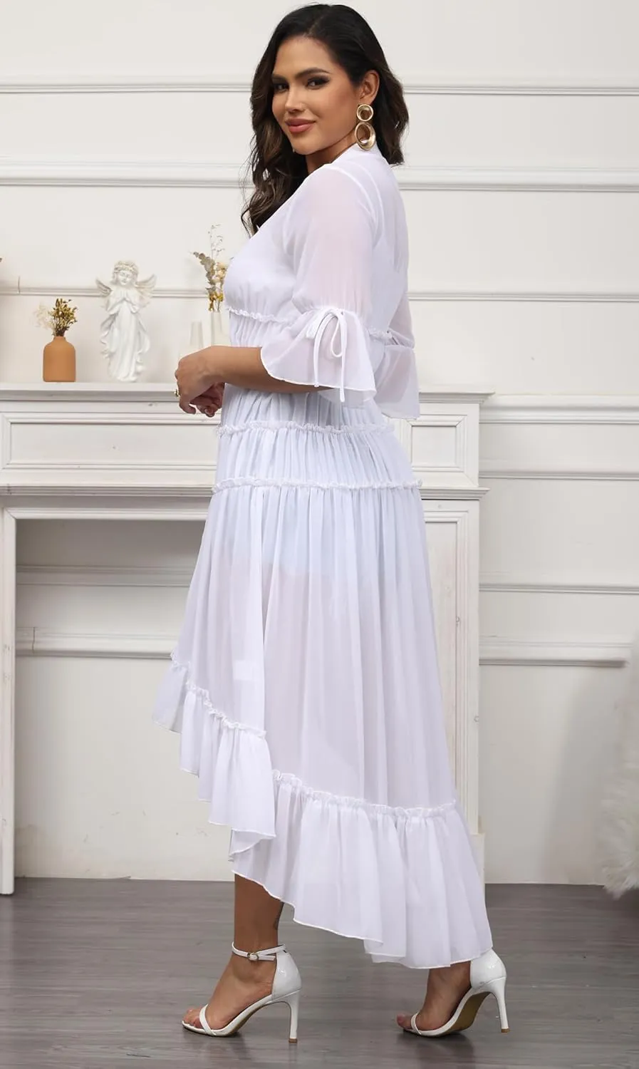Bluewolfsea Womens Lightweight Summer Cardigan Long Sheer Cover Up Flowy Ruffle Button Down Maxi Dress