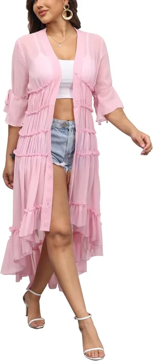 Bluewolfsea Womens Lightweight Summer Cardigan Long Sheer Cover Up Flowy Ruffle Button Down Maxi Dress