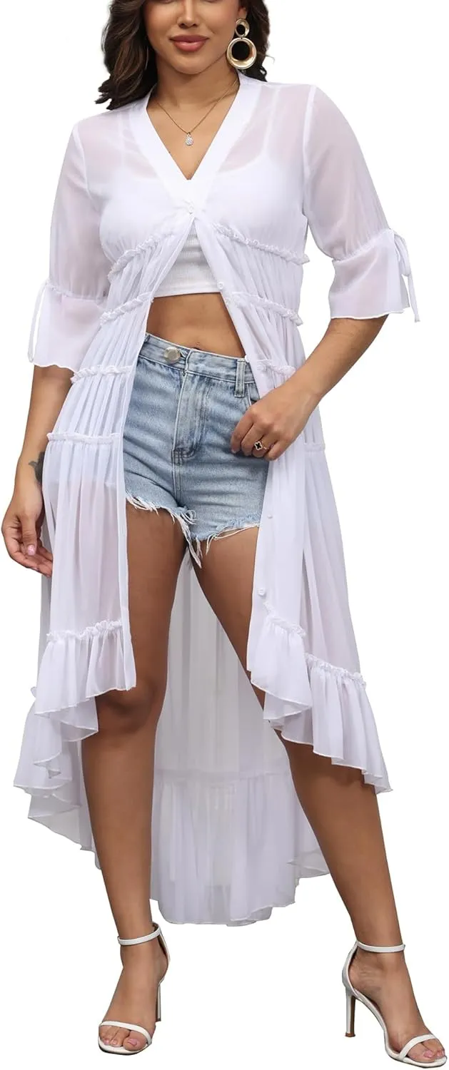 Bluewolfsea Womens Lightweight Summer Cardigan Long Sheer Cover Up Flowy Ruffle Button Down Maxi Dress