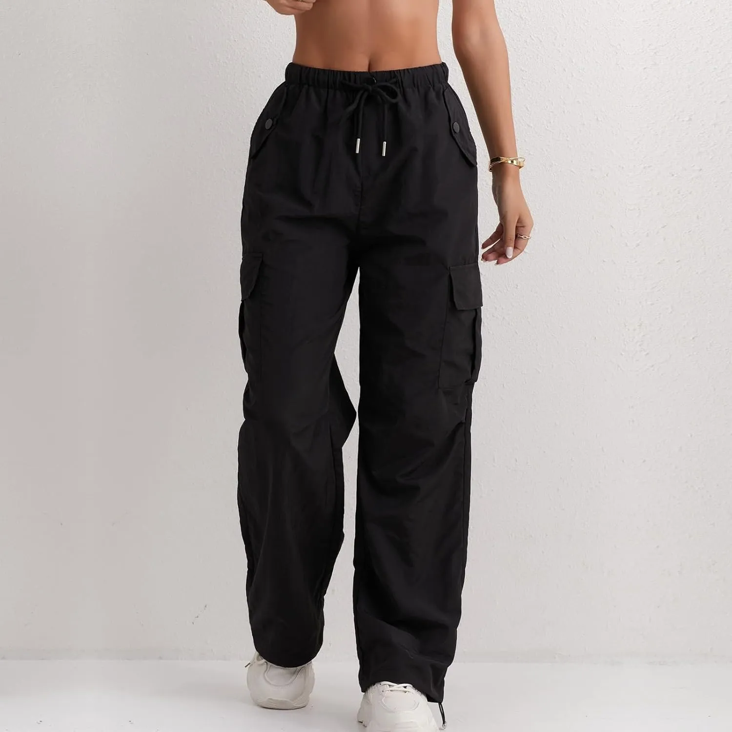 Cargo Pants Women Quick Dry Baggy Hiking Pants Elastic High Waist Drawstring Lightweight Y2K Clothes with Pockets
