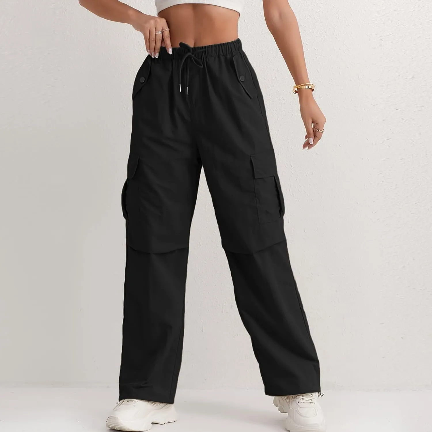 Cargo Pants Women Quick Dry Baggy Hiking Pants Elastic High Waist Drawstring Lightweight Y2K Clothes with Pockets