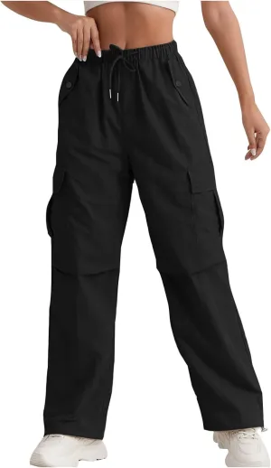 Cargo Pants Women Quick Dry Baggy Hiking Pants Elastic High Waist Drawstring Lightweight Y2K Clothes with Pockets