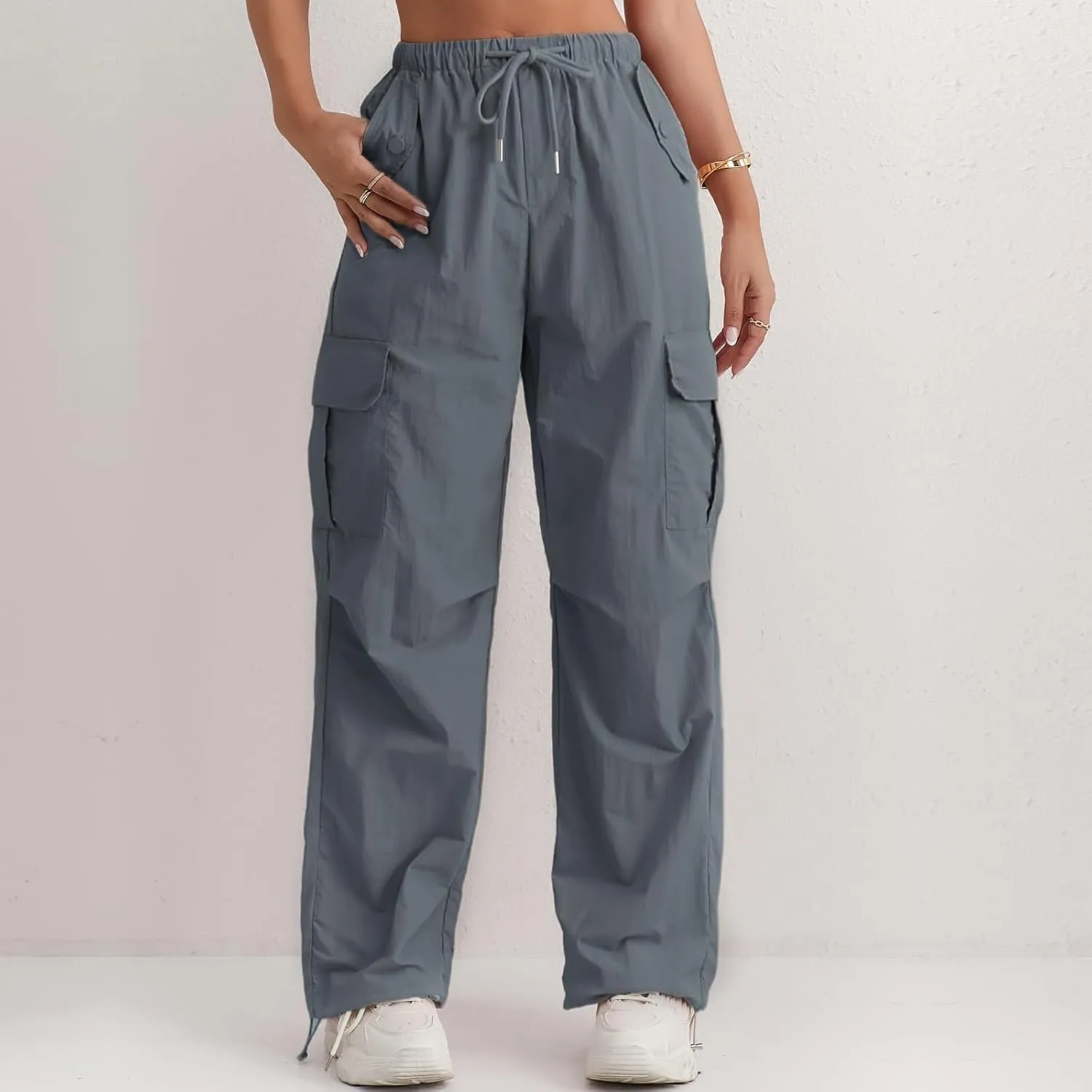 Cargo Pants Women Quick Dry Baggy Hiking Pants Elastic High Waist Drawstring Lightweight Y2K Clothes with Pockets