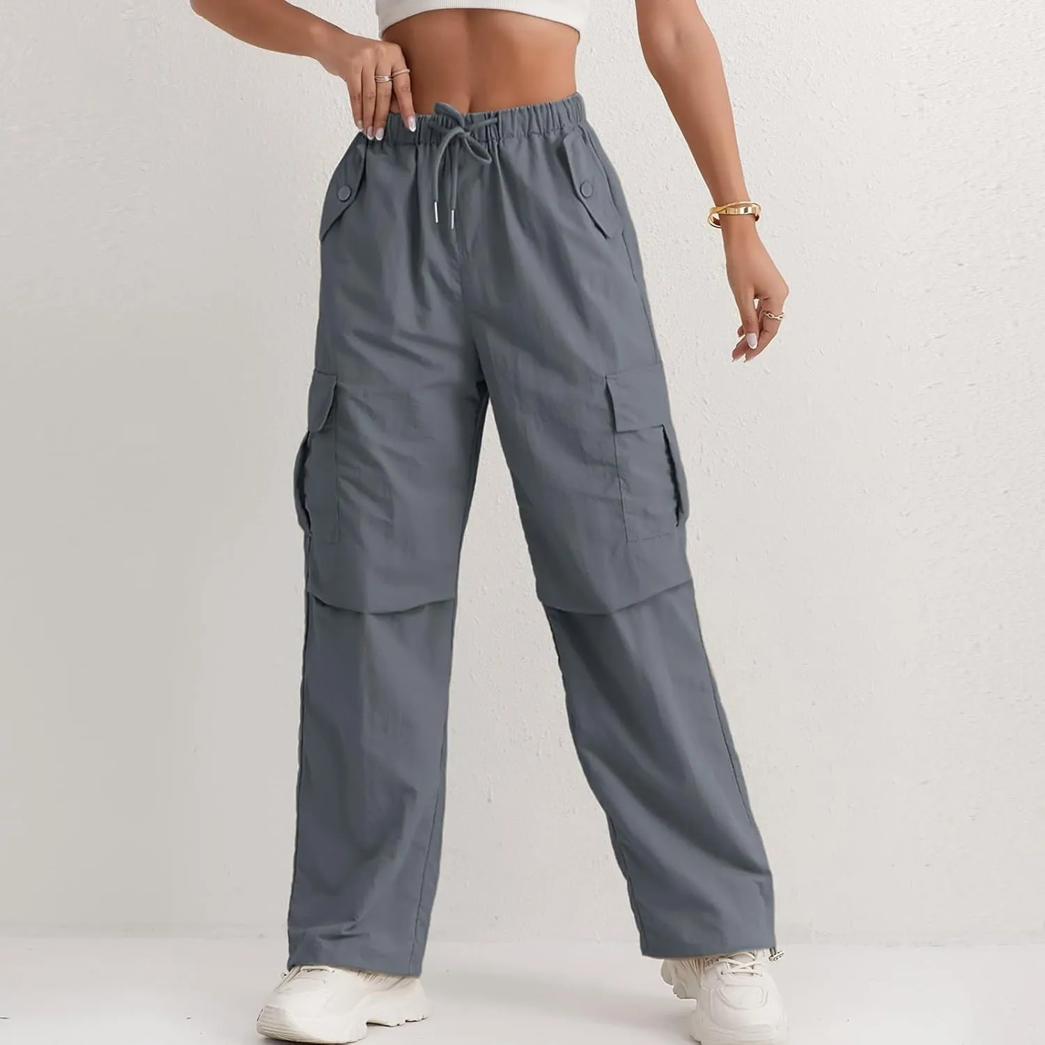 Cargo Pants Women Quick Dry Baggy Hiking Pants Elastic High Waist Drawstring Lightweight Y2K Clothes with Pockets