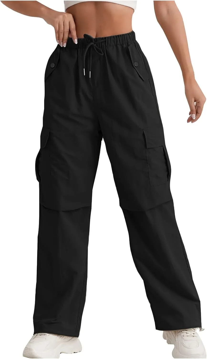 Cargo Pants Women Quick Dry Baggy Hiking Pants Elastic High Waist Drawstring Lightweight Y2K Clothes with Pockets