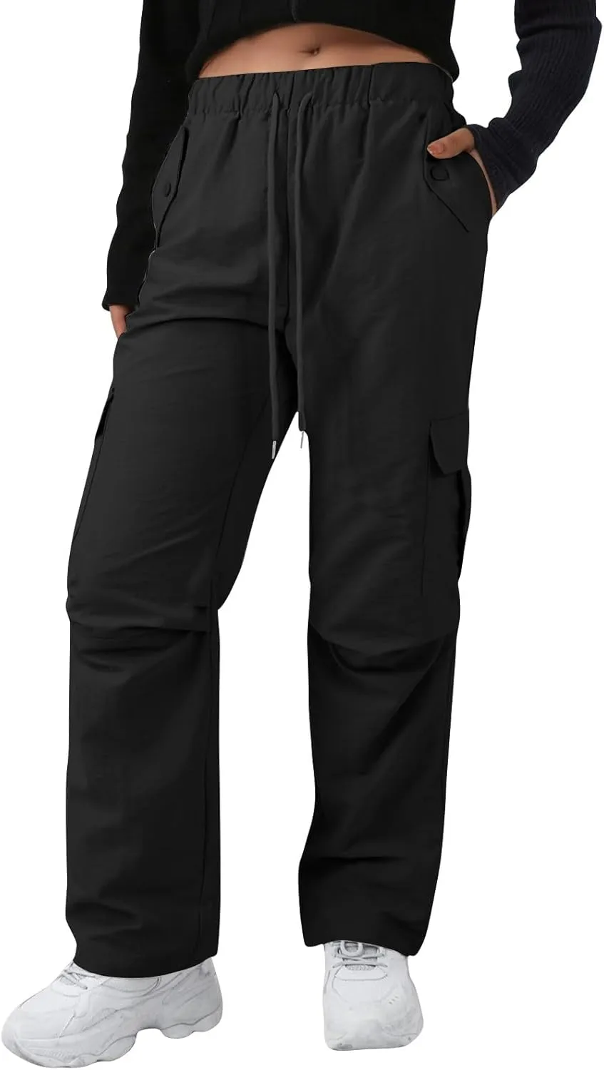 Cargo Pants Women Quick Dry Baggy Hiking Pants Elastic High Waist Drawstring Lightweight Y2K Clothes with Pockets