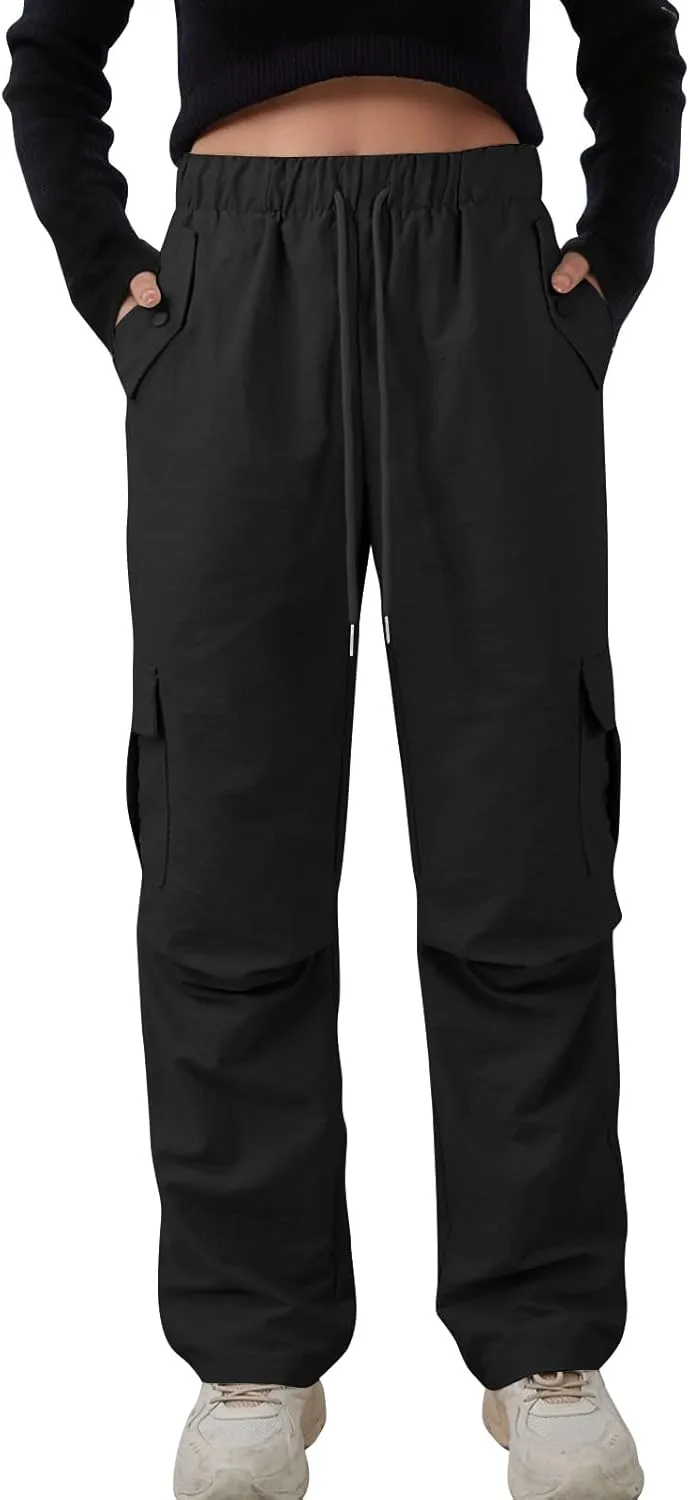 Cargo Pants Women Quick Dry Baggy Hiking Pants Elastic High Waist Drawstring Lightweight Y2K Clothes with Pockets