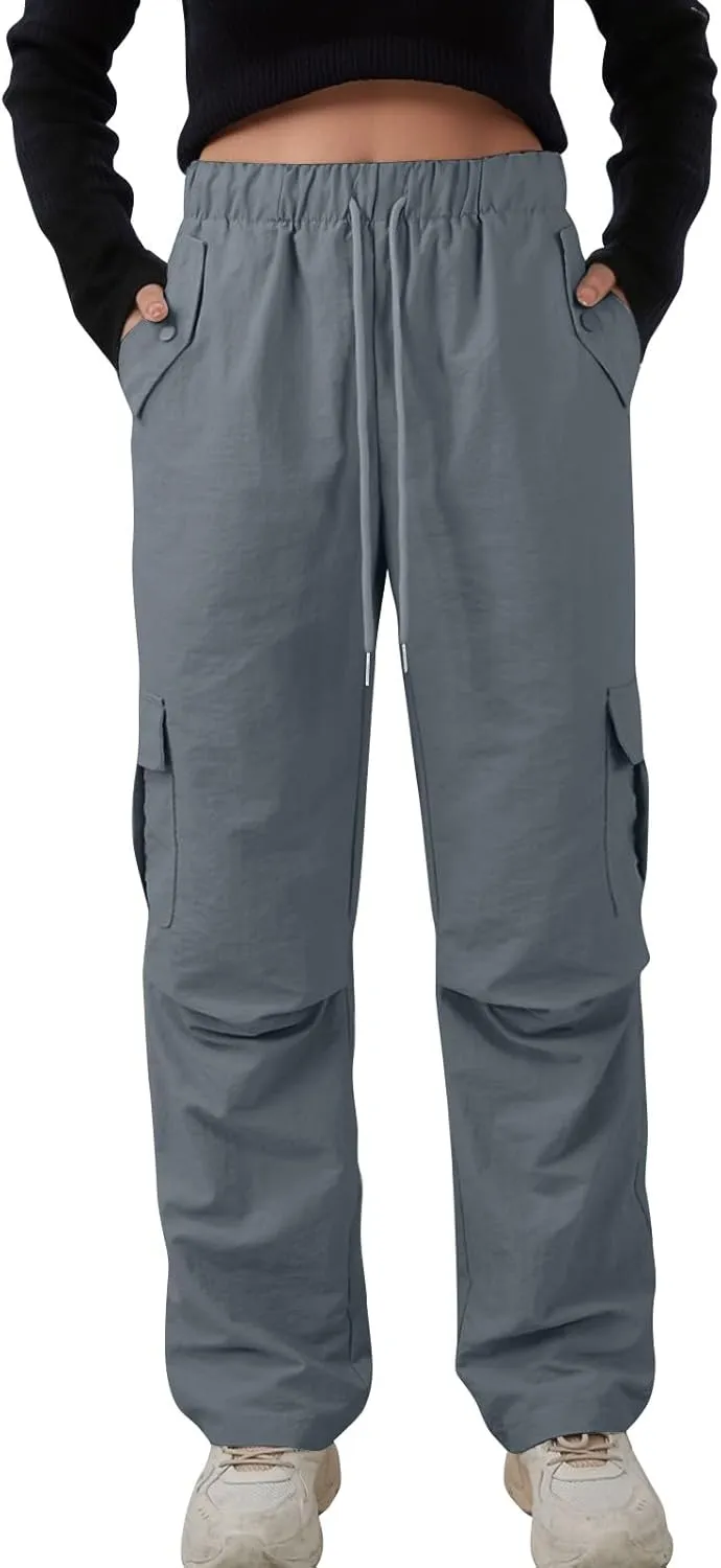 Cargo Pants Women Quick Dry Baggy Hiking Pants Elastic High Waist Drawstring Lightweight Y2K Clothes with Pockets