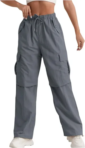 Cargo Pants Women Quick Dry Baggy Hiking Pants Elastic High Waist Drawstring Lightweight Y2K Clothes with Pockets
