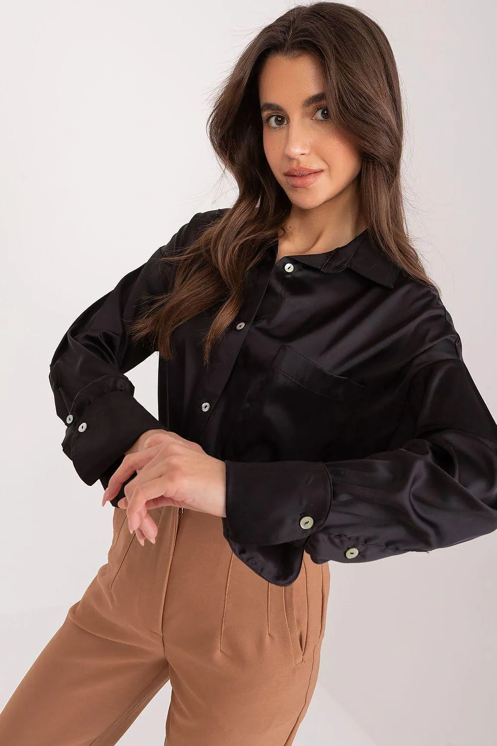 Chic Long Sleeve Satin Shirt with Pocket Detail