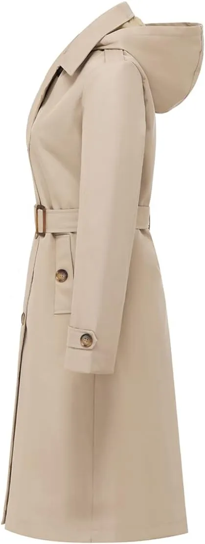 Chrisuno Women's Double Breasted Long Trench Coats Mid-Length Belted Overcoat Dress Jacket with Detachable Hood