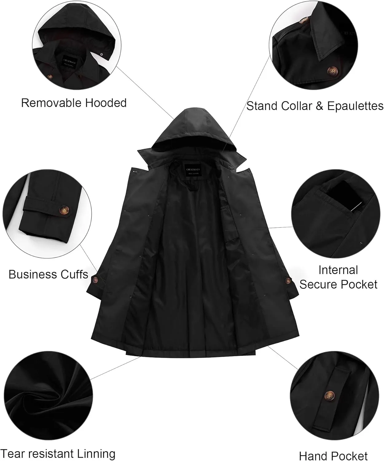 CREATMO US Women's Plus Size Trench Coat Double-Breasted Classic Lapel Overcoat Belted Outerwear Coat with Detachable Hood