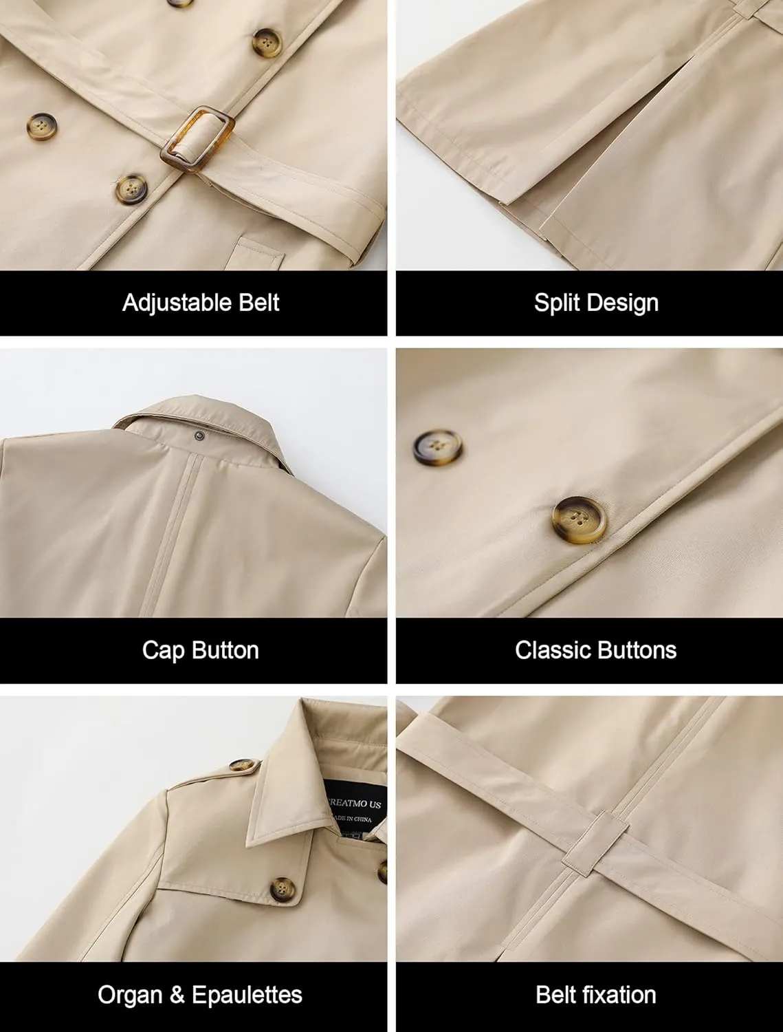 CREATMO US Women's Plus Size Trench Coat Double-Breasted Classic Lapel Overcoat Belted Outerwear Coat with Detachable Hood