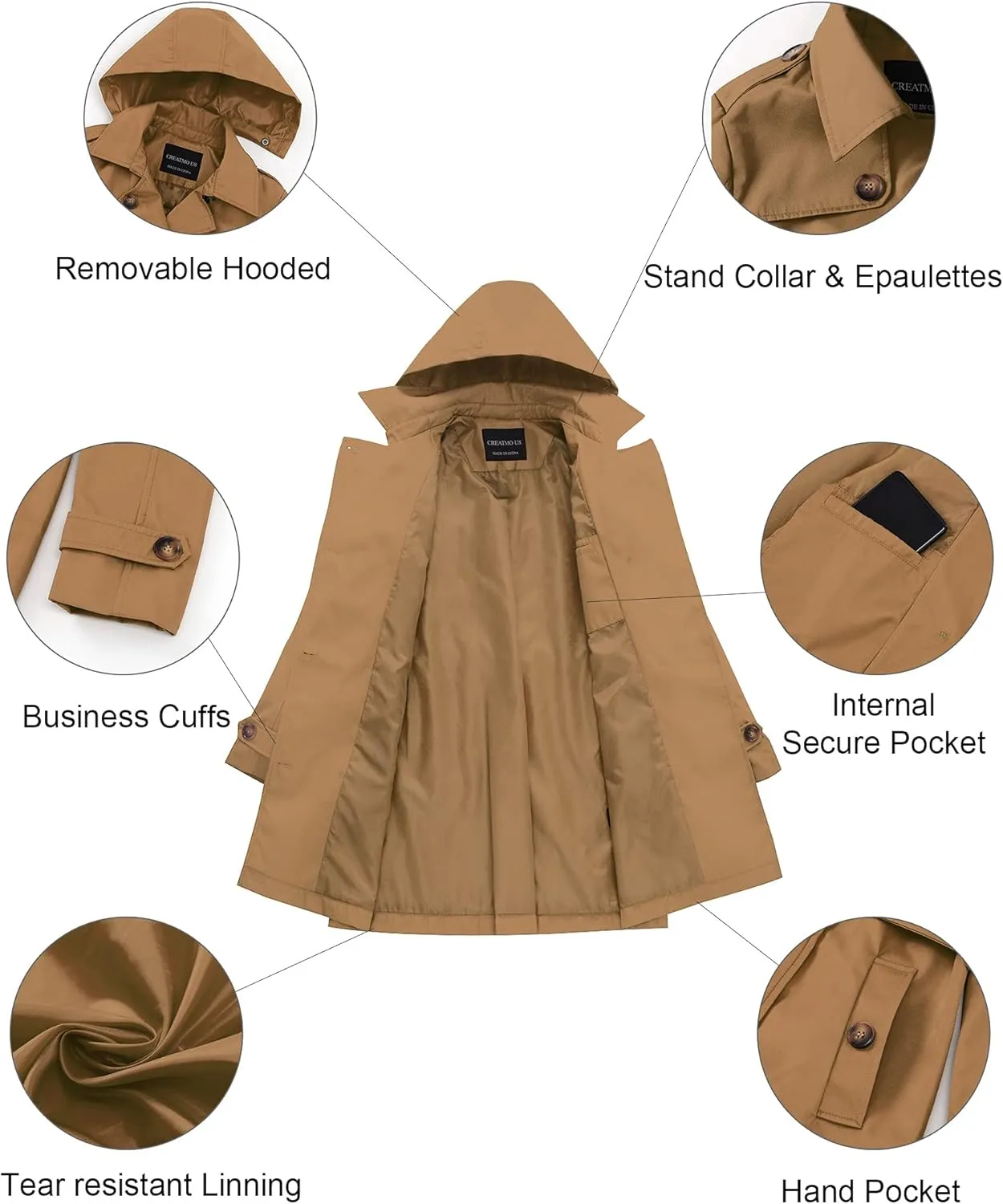 CREATMO US Women's Plus Size Trench Coat Double-Breasted Classic Lapel Overcoat Belted Outerwear Coat with Detachable Hood