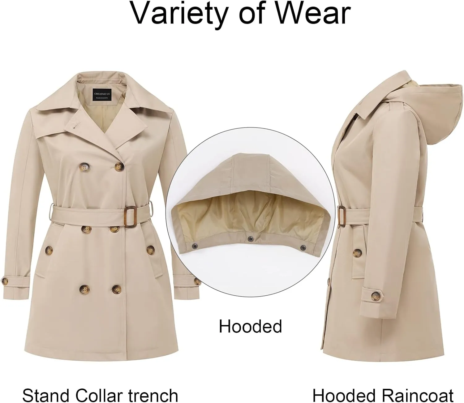 CREATMO US Women's Plus Size Trench Coat Double-Breasted Classic Lapel Overcoat Belted Outerwear Coat with Detachable Hood