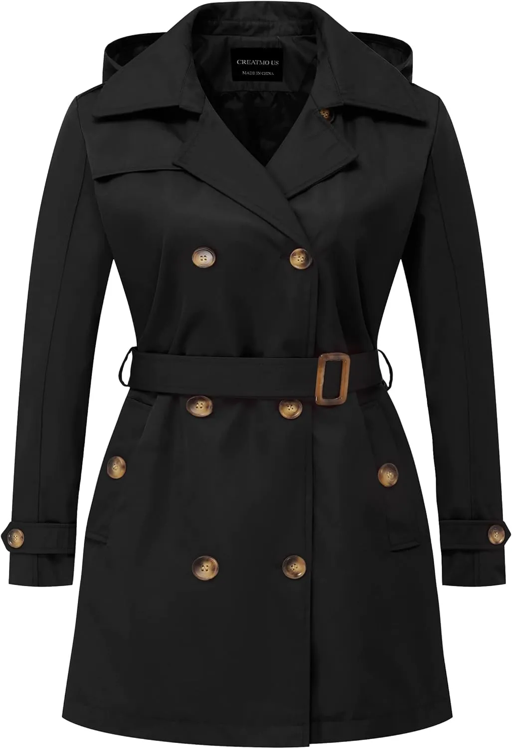 CREATMO US Women's Plus Size Trench Coat Double-Breasted Classic Lapel Overcoat Belted Outerwear Coat with Detachable Hood