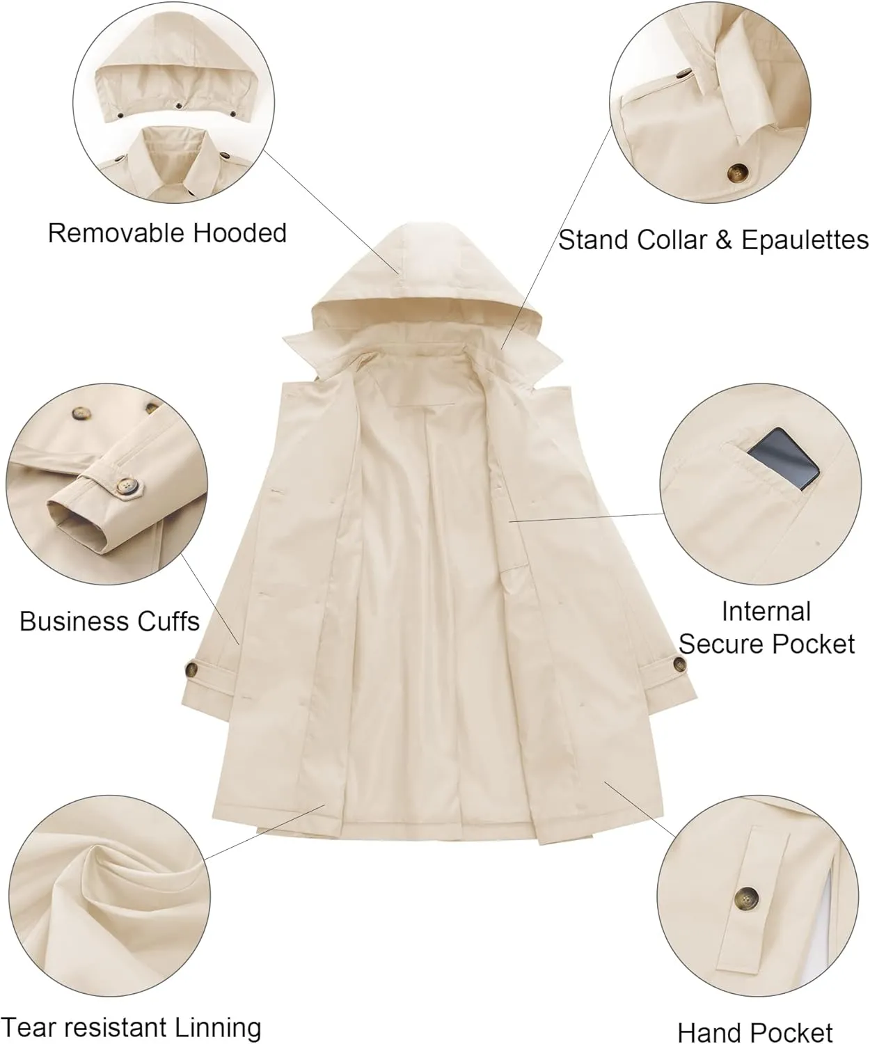 CREATMO US Women's Plus Size Trench Coat Double-Breasted Classic Lapel Overcoat Belted Outerwear Coat with Detachable Hood