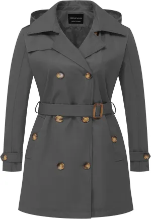 CREATMO US Women's Plus Size Trench Coat Double-Breasted Classic Lapel Overcoat Belted Outerwear Coat with Detachable Hood