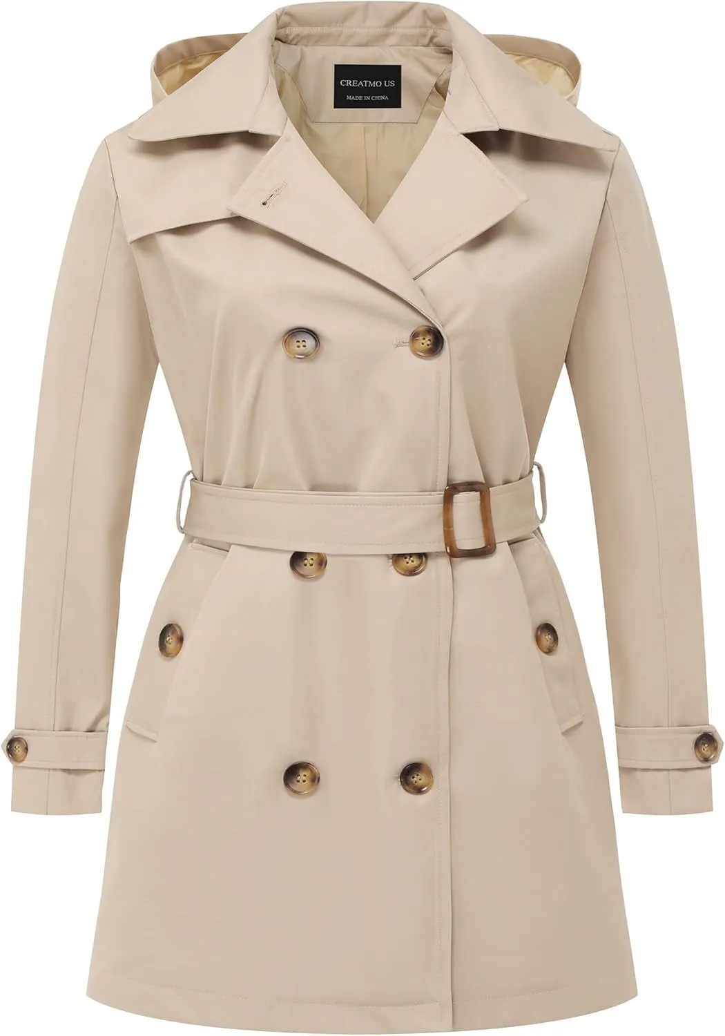 CREATMO US Women's Plus Size Trench Coat Double-Breasted Classic Lapel Overcoat Belted Outerwear Coat with Detachable Hood
