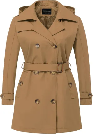 CREATMO US Women's Plus Size Trench Coat Double-Breasted Classic Lapel Overcoat Belted Outerwear Coat with Detachable Hood