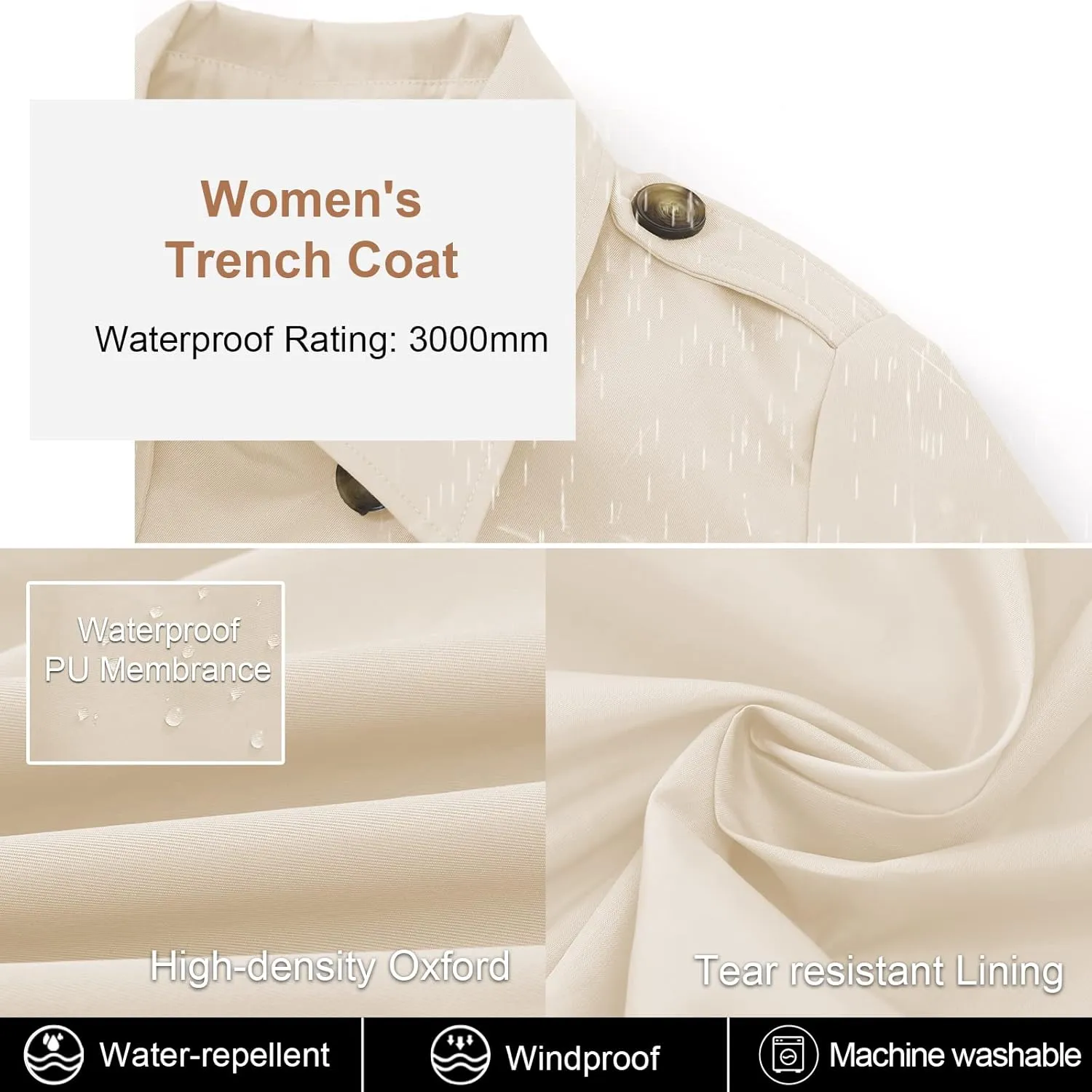 CREATMO US Women's Plus Size Trench Coat Double-Breasted Classic Lapel Overcoat Belted Outerwear Coat with Detachable Hood