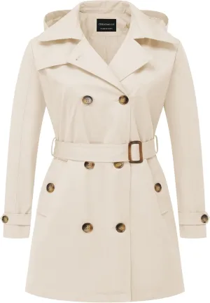 CREATMO US Women's Plus Size Trench Coat Double-Breasted Classic Lapel Overcoat Belted Outerwear Coat with Detachable Hood
