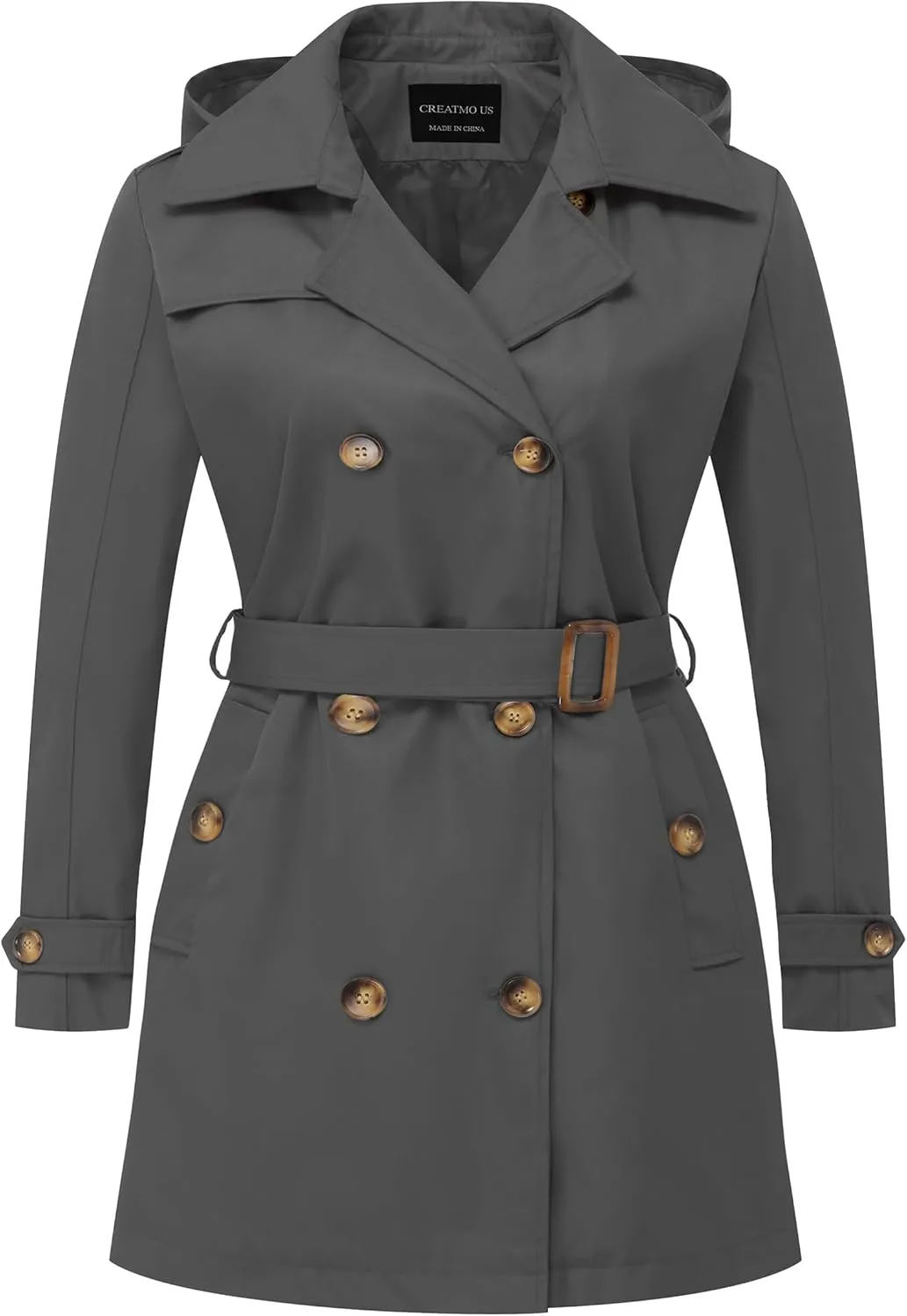 CREATMO US Women's Plus Size Trench Coat Double-Breasted Classic Lapel Overcoat Belted Outerwear Coat with Detachable Hood