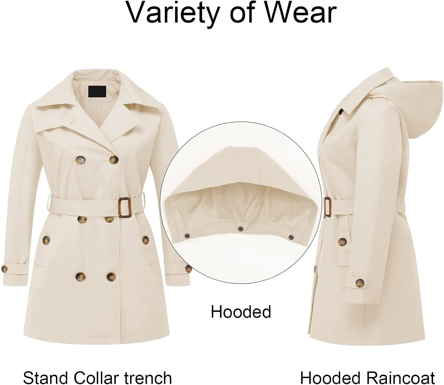 CREATMO US Women's Plus Size Trench Coat Double-Breasted Classic Lapel Overcoat Belted Outerwear Coat with Detachable Hood